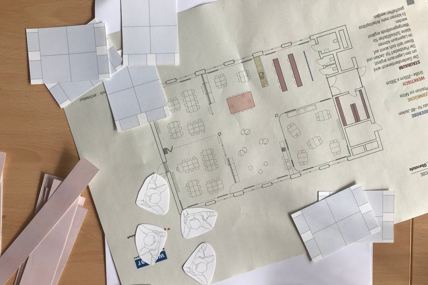 Papierausdruck eines Lernloft-Grundrisses und weiteres Papiermaterial auf einer Tischplatte.